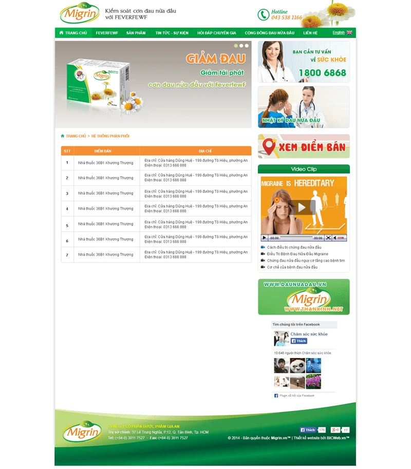 Thiêt kế website dược phẩm Migrin của Công ty Dược phẩm Gia An